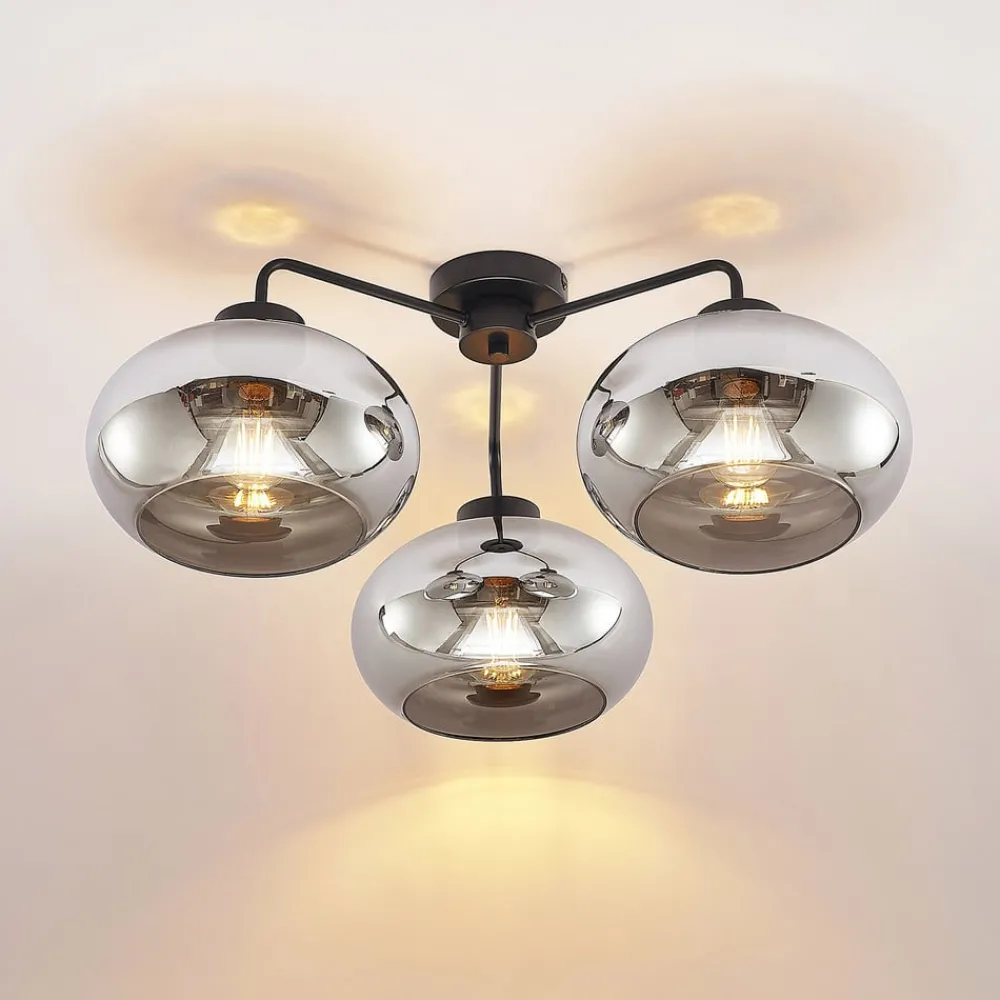 Loftlamper|Loftlamper ^ Lindby loftlampe Navidia, Ø 67 cm, sort, røgfarvet glas