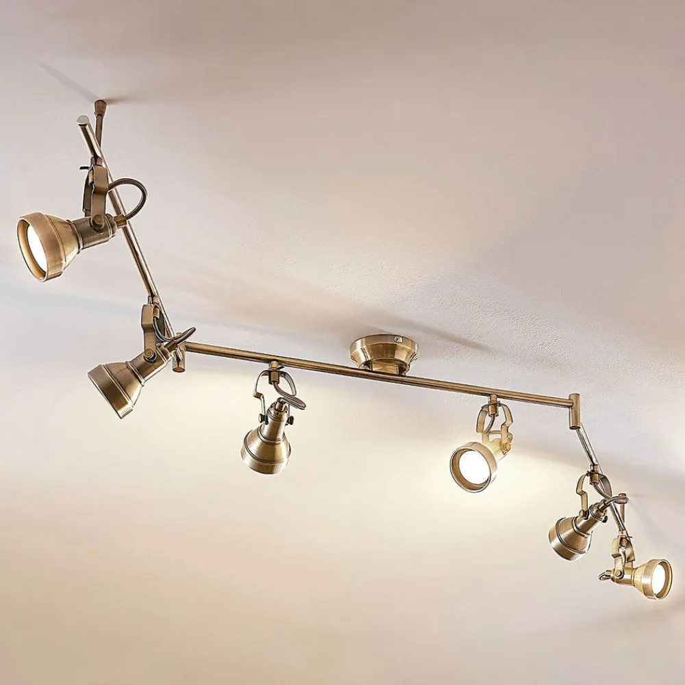 Gang|Loftlamper ^ Lindby loftlampe Perseas, 180 cm, 6 lyskilder, antik messing, GU10