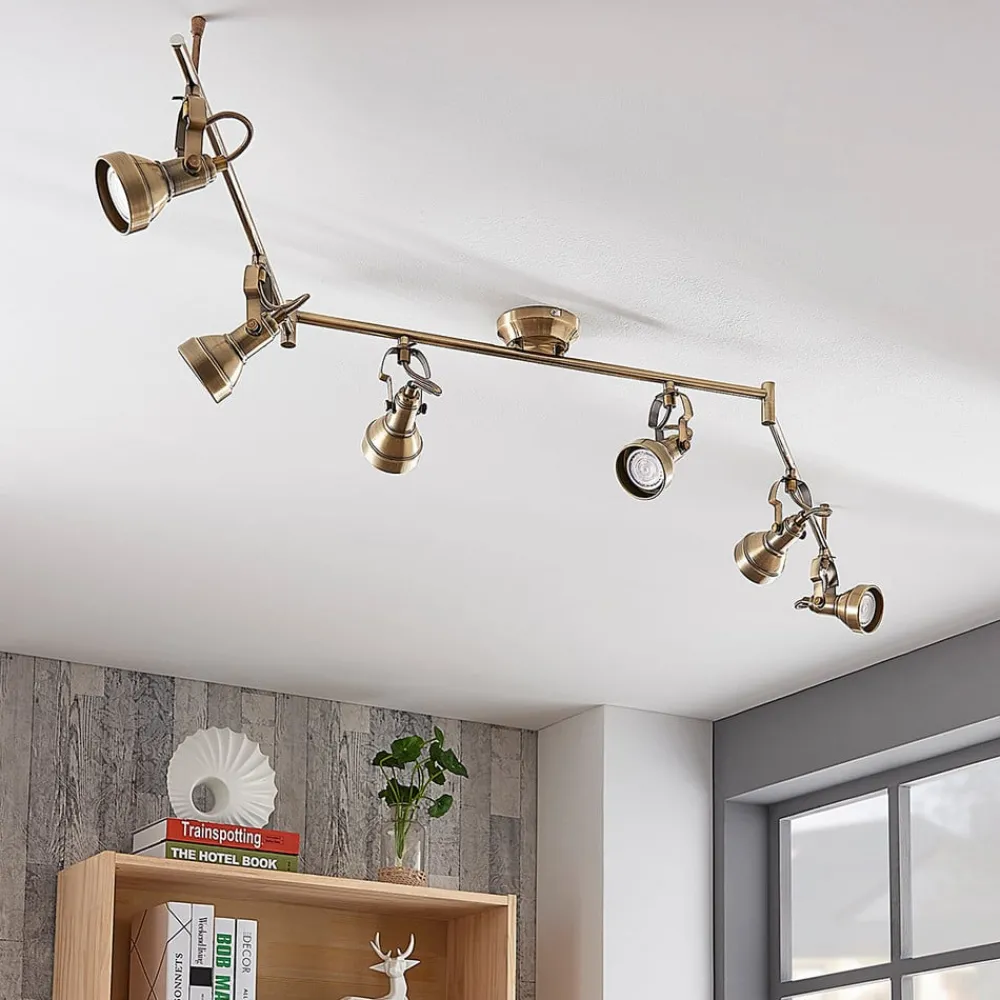 Gang|Loftlamper ^ Lindby loftlampe Perseas, 180 cm, 6 lyskilder, antik messing, GU10
