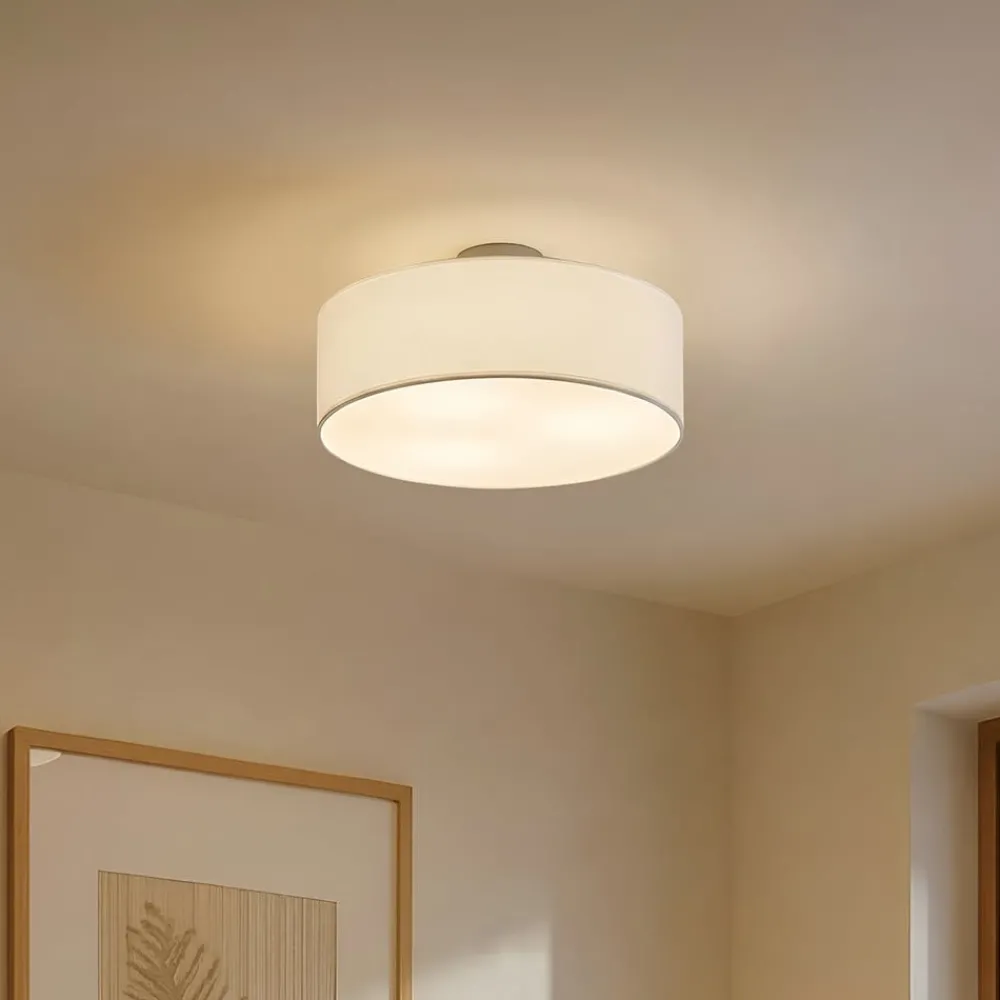 Pendellamper|Gang ^ Lindby loftlampe Sebatin, Ø 40 cm, hvid, stof, E27
