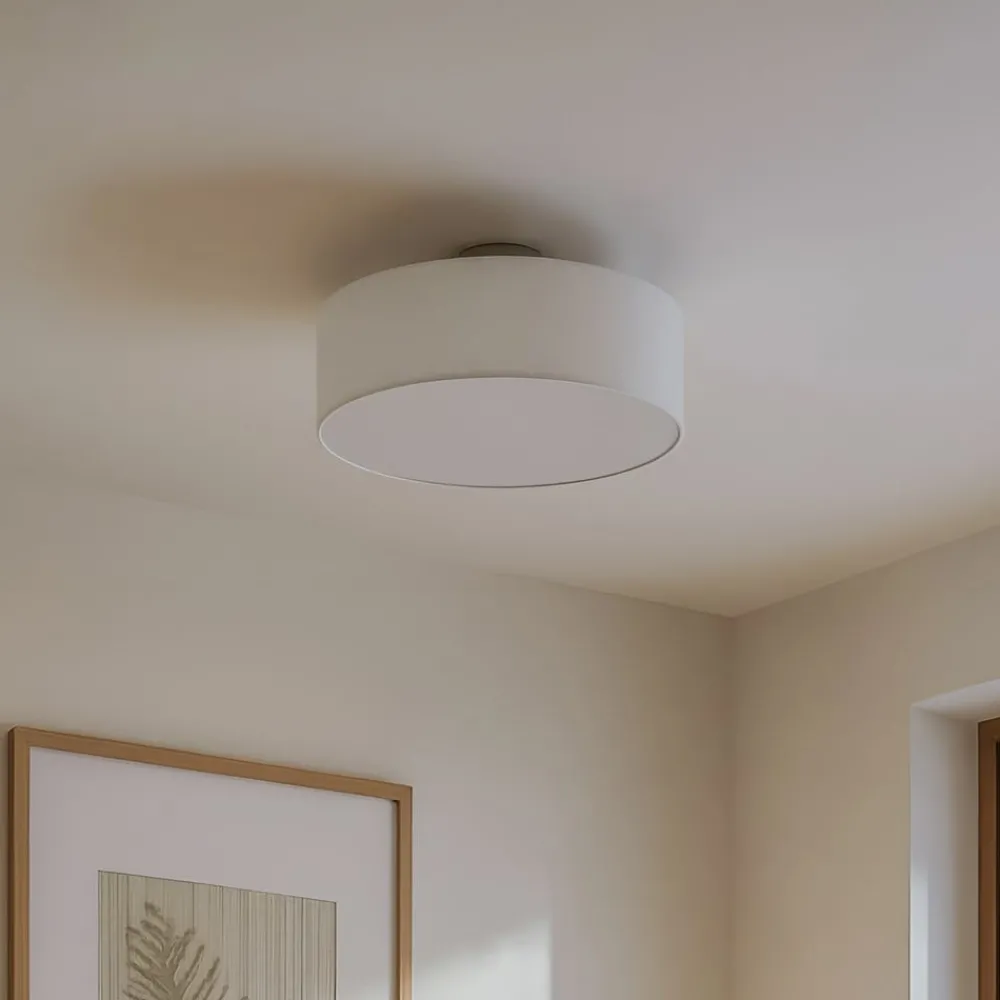 Pendellamper|Gang ^ Lindby loftlampe Sebatin, Ø 40 cm, hvid, stof, E27