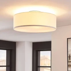 Pendellamper|Gang ^ Lindby loftlampe Sebatin, Ø 40 cm, hvid, stof, E27