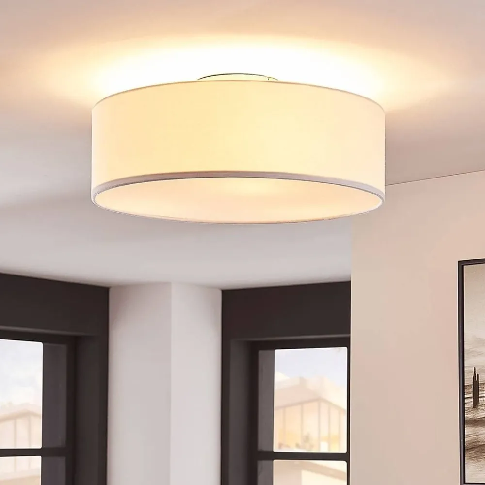 Pendellamper|Gang ^ Lindby loftlampe Sebatin, Ø 40 cm, hvid, stof, E27