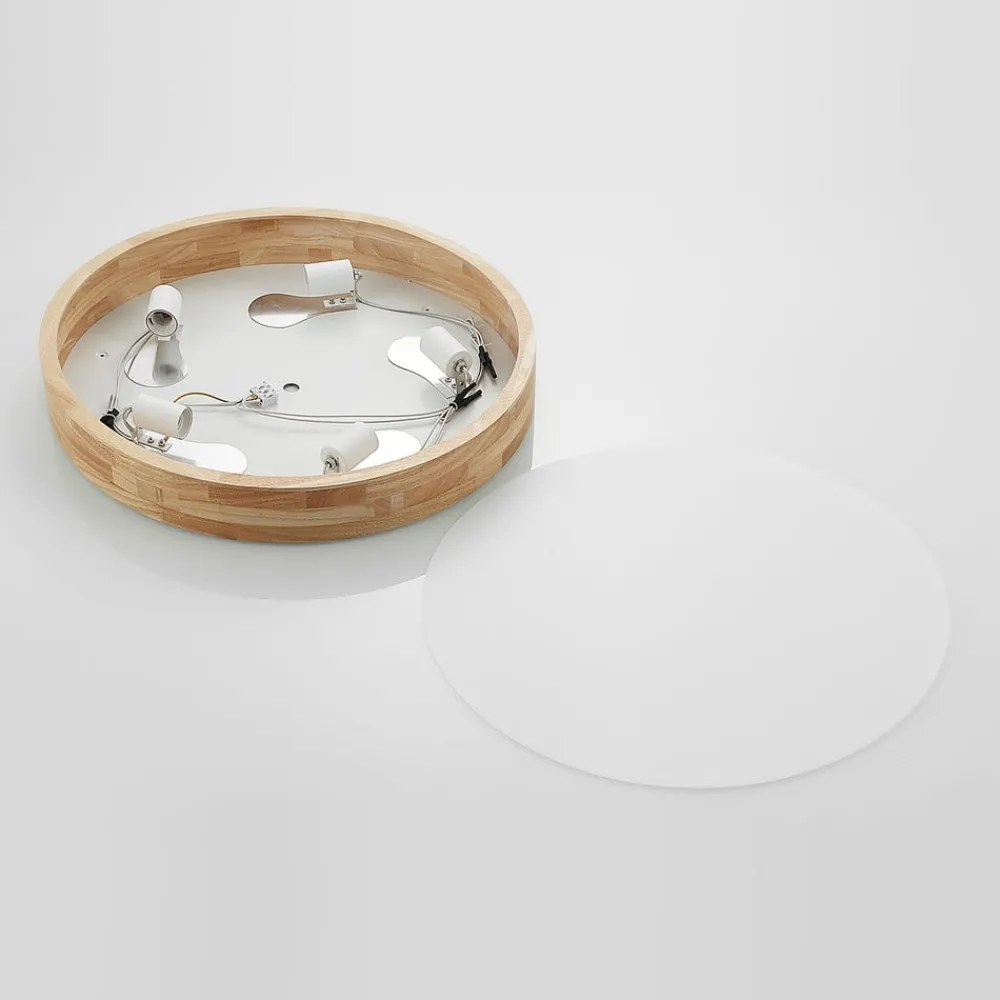 Gang|Loftlamper ^ Lindby loftlampe Tanju, Ø 60 cm, 5 lyskilder, egetræ, E27