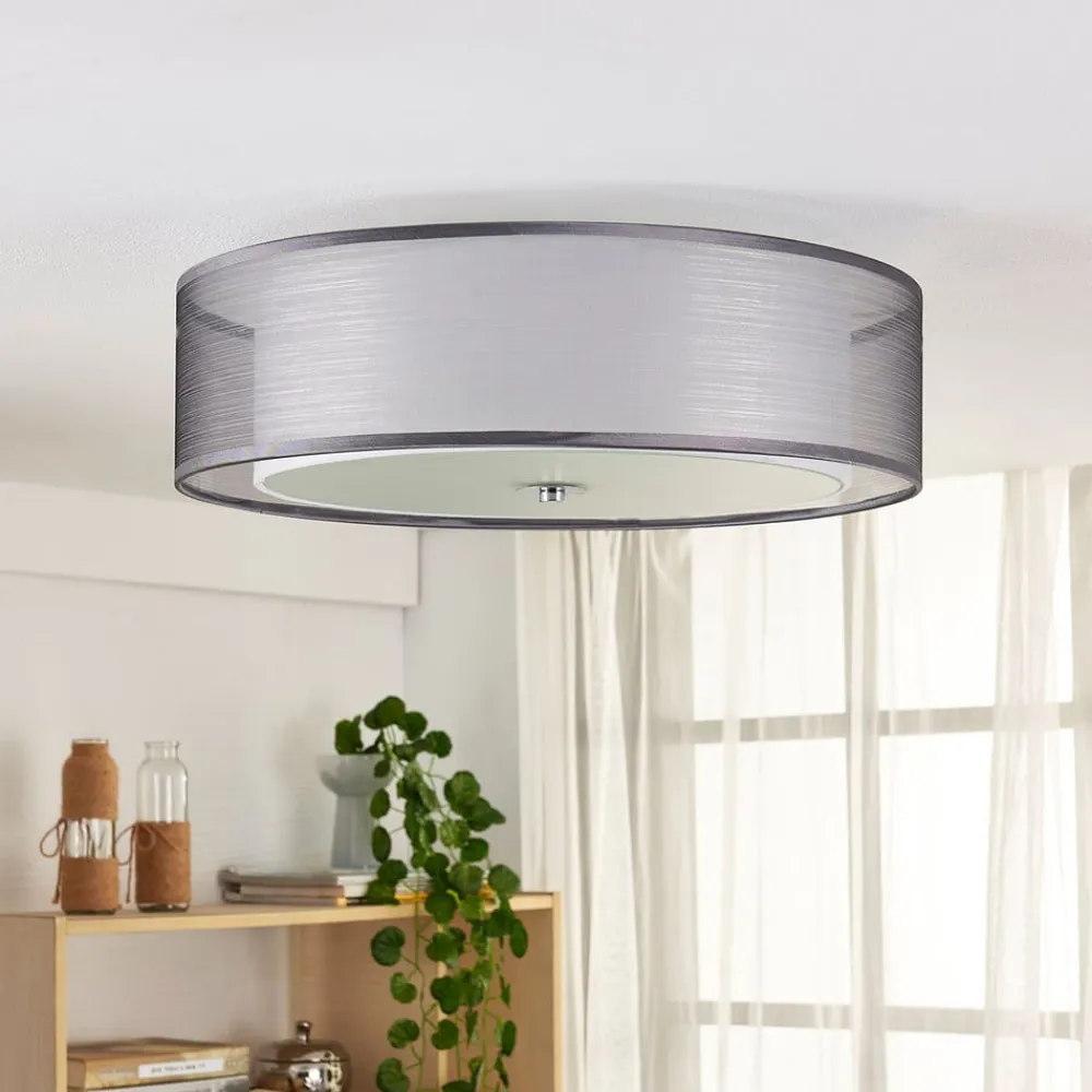 Lindby Loftlamper > loftlampe Tobia, grå, tekstil, Ø 50 cm, E27