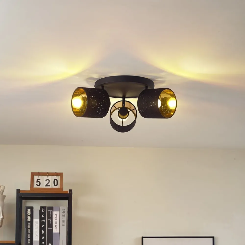 Lindby Loftlamper > loftlampe Vasilia, 3 lyskilder, sort/guld, stof