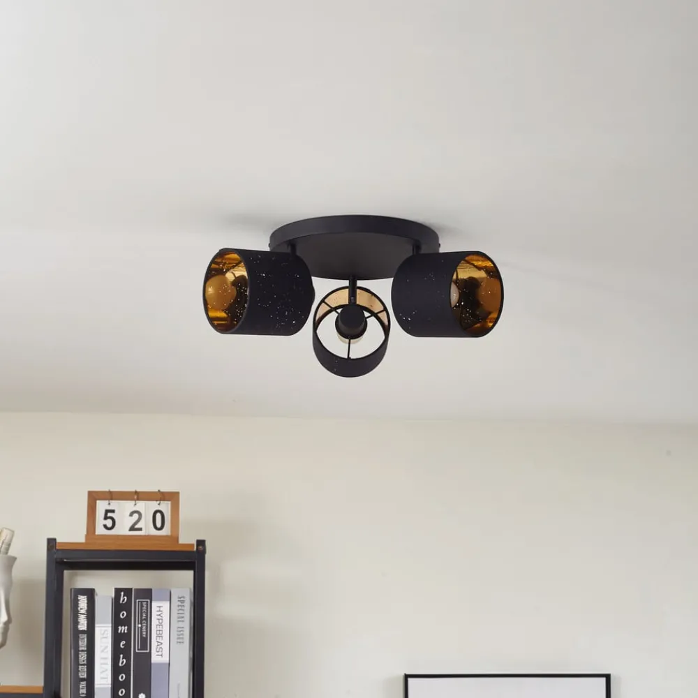 Lindby Loftlamper > loftlampe Vasilia, 3 lyskilder, sort/guld, stof