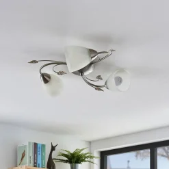 Lindby Loftlamper|Loftlamper > loftlampe Yannie, 3 lyskilder, 50 cm, nikkel/hvid, glas