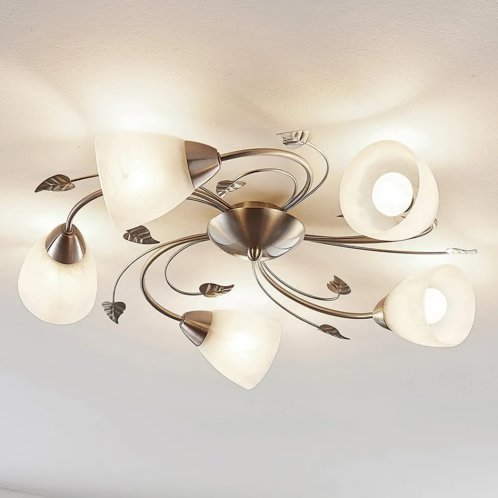 Lindby Gang|Loftlamper > loftlampe Yannie, 5 lyskilder, 60 cm, nikkel/hvid, glas