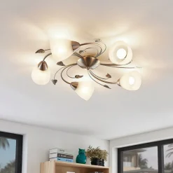 Lindby Gang|Loftlamper > loftlampe Yannie, 5 lyskilder, 60 cm, nikkel/hvid, glas