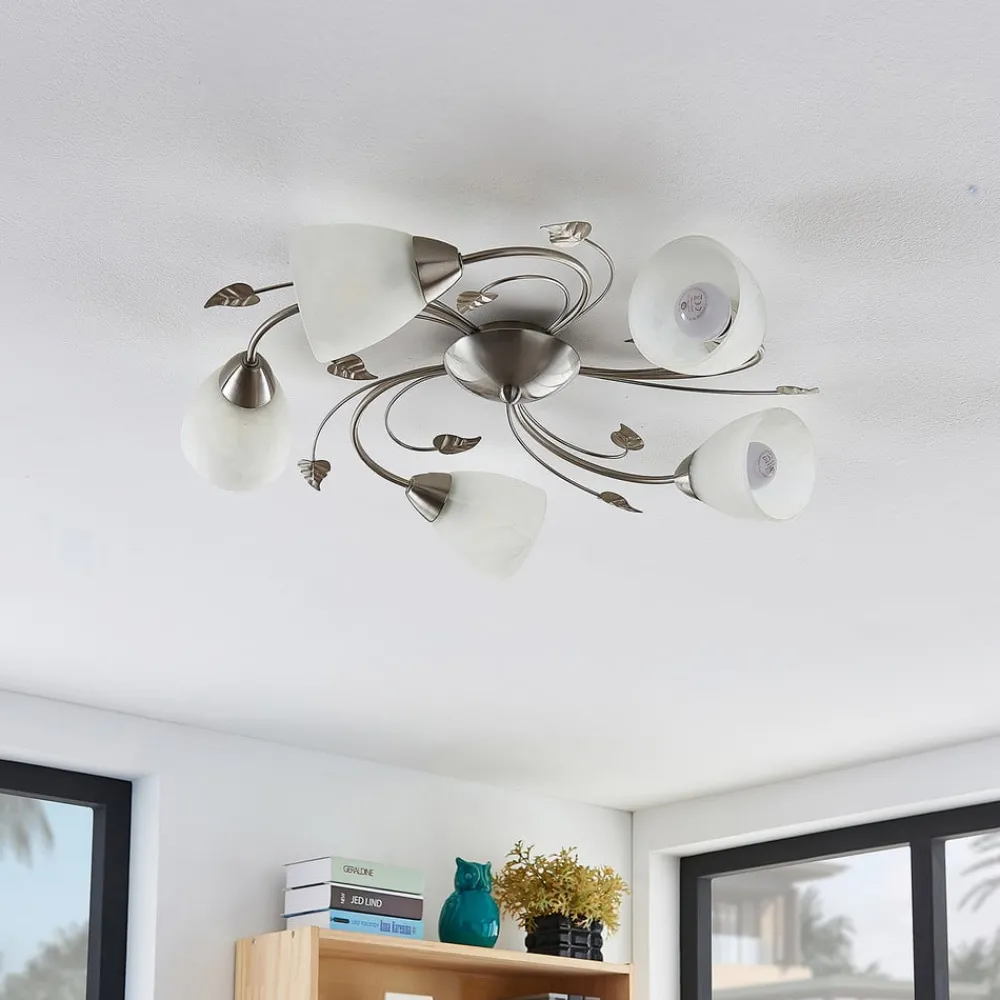Lindby Gang|Loftlamper > loftlampe Yannie, 5 lyskilder, 60 cm, nikkel/hvid, glas