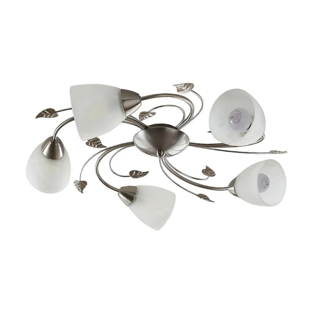 Lindby Gang|Loftlamper > loftlampe Yannie, 5 lyskilder, 60 cm, nikkel/hvid, glas