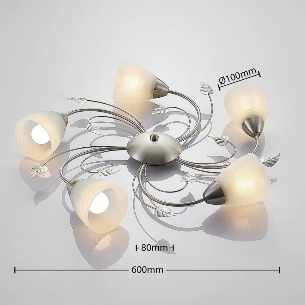 Lindby Gang|Loftlamper > loftlampe Yannie, 5 lyskilder, 60 cm, nikkel/hvid, glas