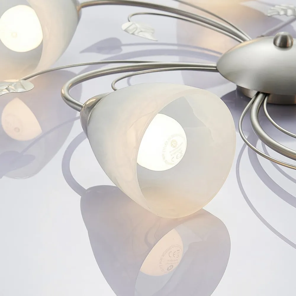 Lindby Gang|Loftlamper > loftlampe Yannie, 5 lyskilder, 60 cm, nikkel/hvid, glas