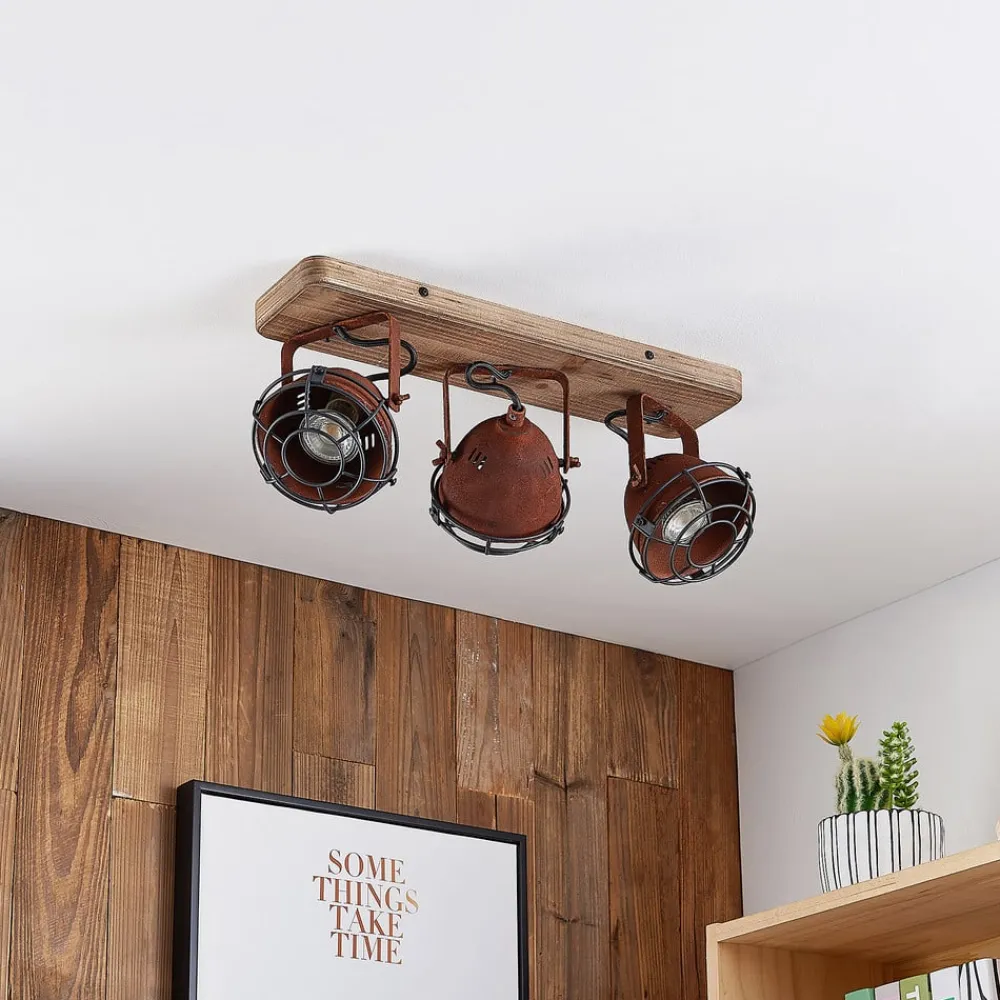 Lindby Loftlamper|Loftlamper > loftspot Farovi, rust, 45 cm, 3 lyskilder, træ, GU10