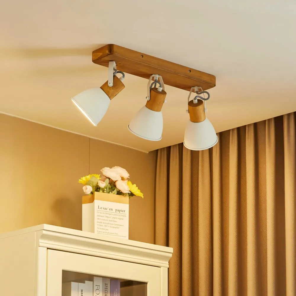 Loftlamper|Loftlamper ^ Lindby loftspot Merela, hvid, 45 cm, 3 lyskilder, træ, E14