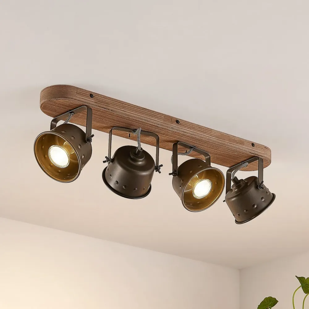 Gang|Loftlamper ^ Lindby loftspot Rubinjo, 62 cm, 4 lyskilder, træ, GU10