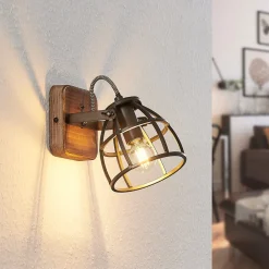 Lindby Væglamper|Væglamper > loftspot Rutger, 16 cm, 2 lyskilder, træ, bur, E14