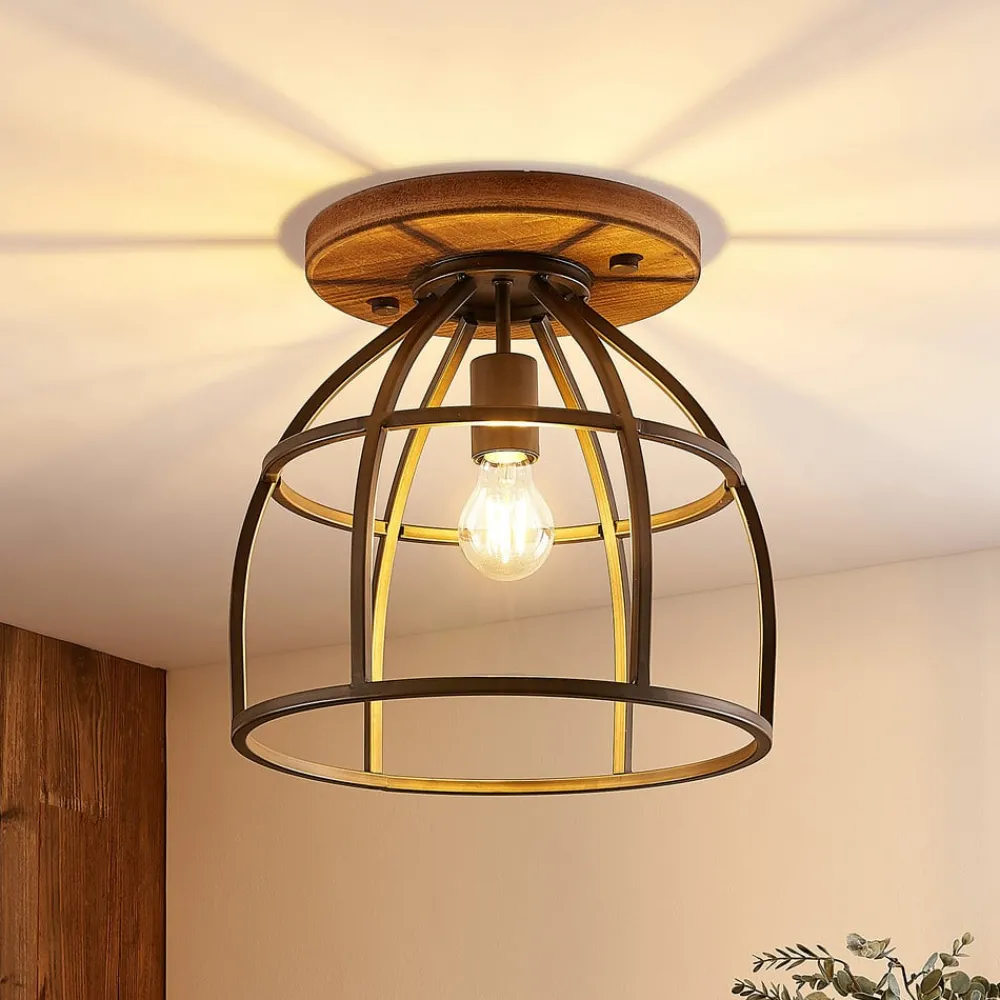 Lindby Loftlamper|Loftlamper > loftspot Rutger, Ø 34 cm, træ, bur, E27