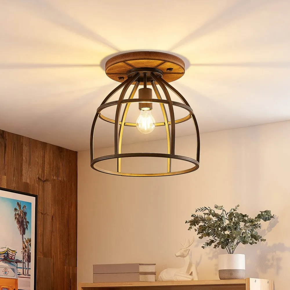 Lindby Loftlamper|Loftlamper > loftspot Rutger, Ø 34 cm, træ, bur, E27