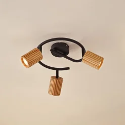 Gang|Loftlamper ^ Lindby loftspot Stralino, 3 lyskilder, Ø31cm, træ, GU10