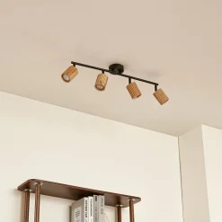 Spotlights|Loftlamper ^ Lindby loftspot Stralino, 4 lyskilder, længde 60 cm, træ