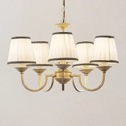 Gang|Lysekroner ^ Lindby lysekrone Lumiel, 5-lys, creme/messing, tekstil