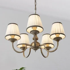 Gang|Lysekroner ^ Lindby lysekrone Lumiel, 5-lys, creme/messing, tekstil