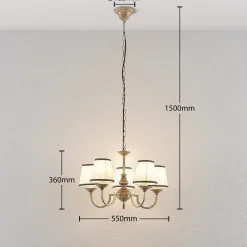 Gang|Lysekroner ^ Lindby lysekrone Lumiel, 5-lys, creme/messing, tekstil
