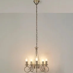 Gang|Pendellamper ^ Lindby lysekrone Marnia, 5 lyskilder, Ø 40 cm, antik messing, E14