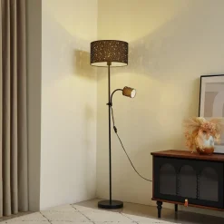 Gang|Gulvlamper ^ Lindby Melanie gulvlampe, sort, stof, Ø 36 cm, 2 lyskilder.