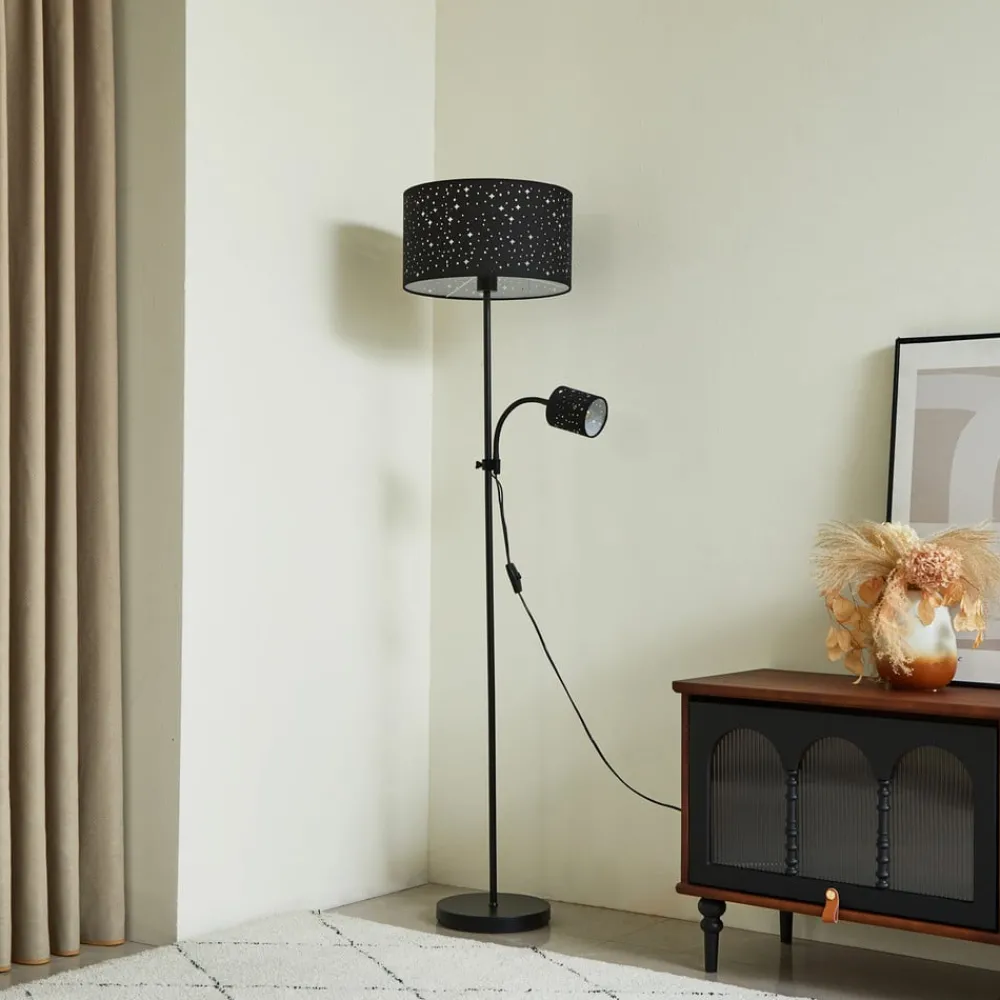 Gang|Gulvlamper ^ Lindby Melanie gulvlampe, sort, stof, Ø 36 cm, 2 lyskilder.