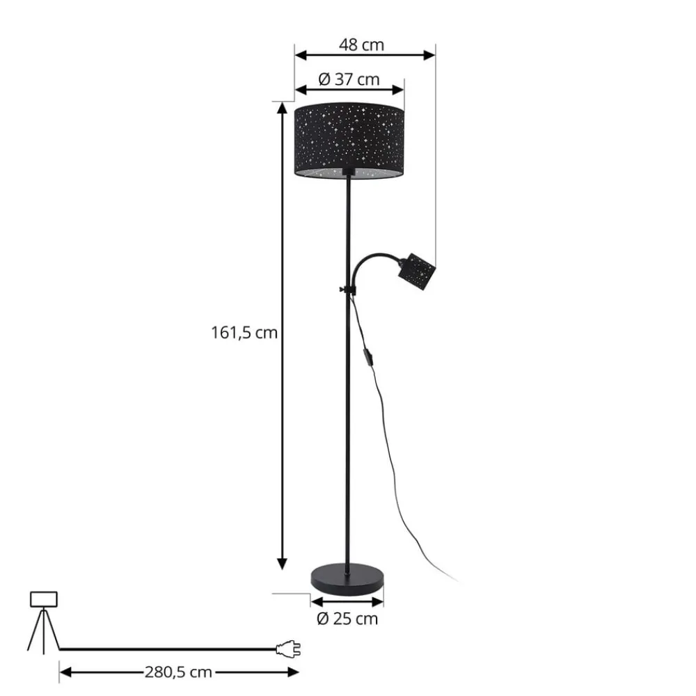 Gang|Gulvlamper ^ Lindby Melanie gulvlampe, sort, stof, Ø 36 cm, 2 lyskilder.