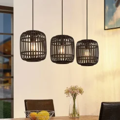 Pendellamper ^ Lindby pendellampe Canyana, sort, 3-lys, rattan, 105 cm