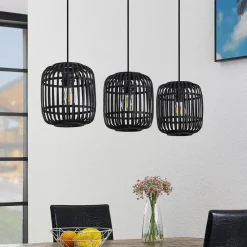 Pendellamper ^ Lindby pendellampe Canyana, sort, 3-lys, rattan, 105 cm