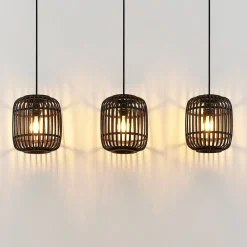 Pendellamper ^ Lindby pendellampe Canyana, sort, 3-lys, rattan, 105 cm