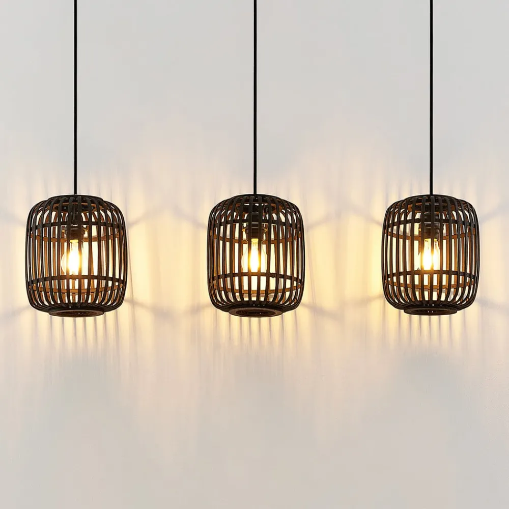 Pendellamper ^ Lindby pendellampe Canyana, sort, 3-lys, rattan, 105 cm