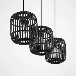 Pendellamper ^ Lindby pendellampe Canyana, sort, 3-lys, rattan, 105 cm