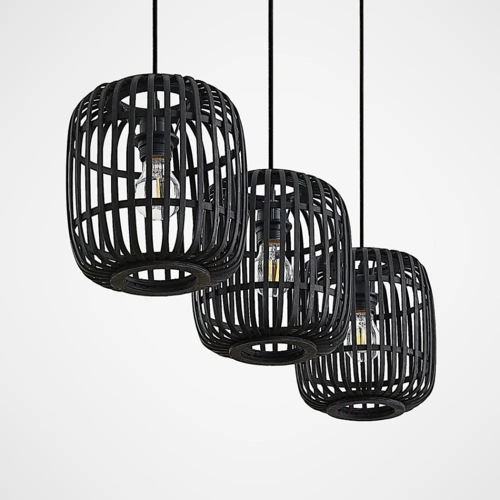Pendellamper ^ Lindby pendellampe Canyana, sort, 3-lys, rattan, 105 cm
