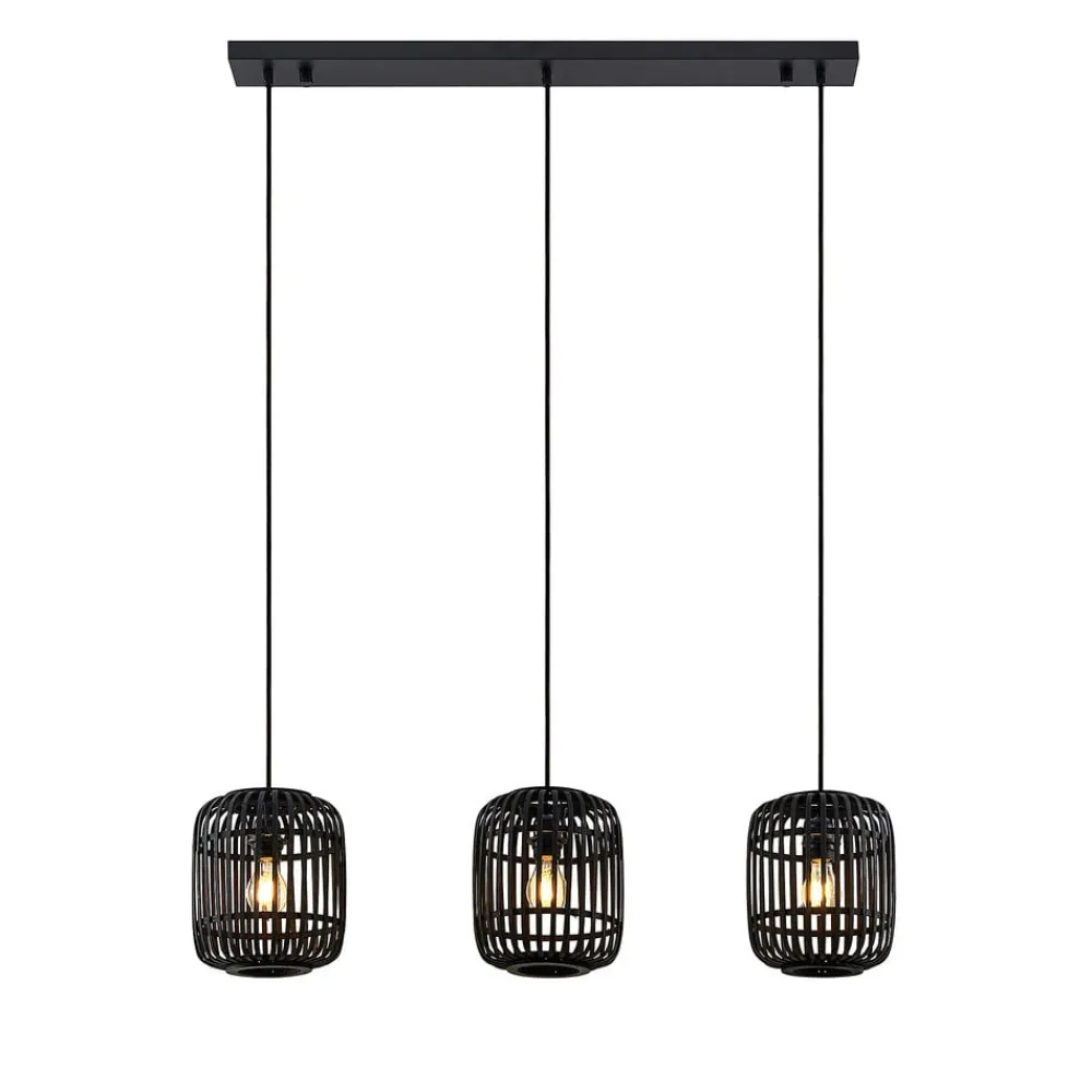 Pendellamper ^ Lindby pendellampe Canyana, sort, 3-lys, rattan, 105 cm