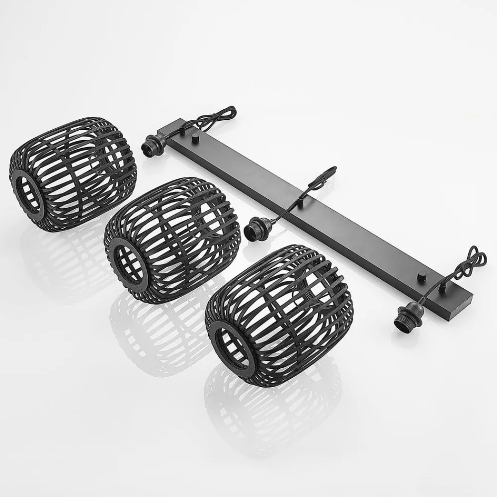 Pendellamper ^ Lindby pendellampe Canyana, sort, 3-lys, rattan, 105 cm