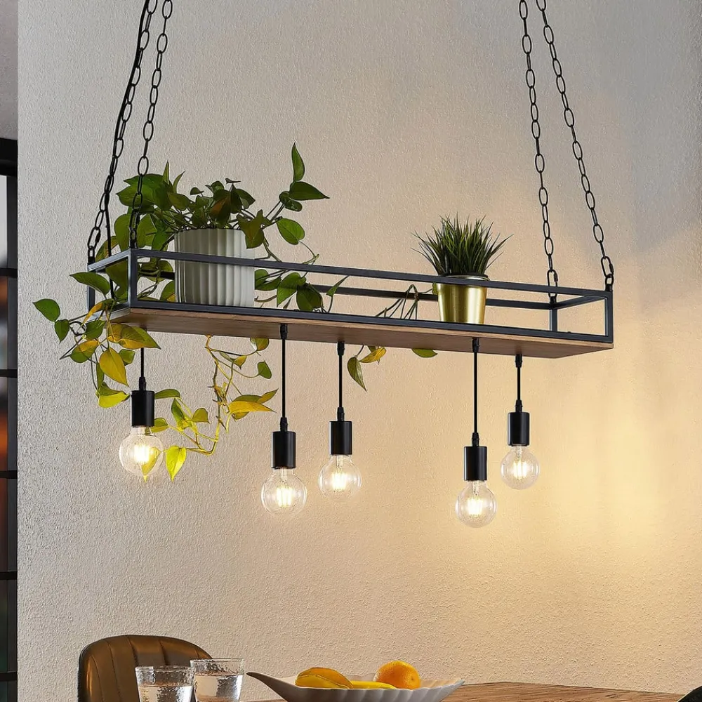 Lindby Pendellamper|Pendellamper > pendellampe Kirista, 5 lyskilder, sort, træ, 100 cm