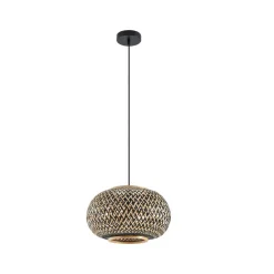 Pendellamper ^ Lindby pendel Nerys, 1-lys, sort, bambus, Ø 38 cm