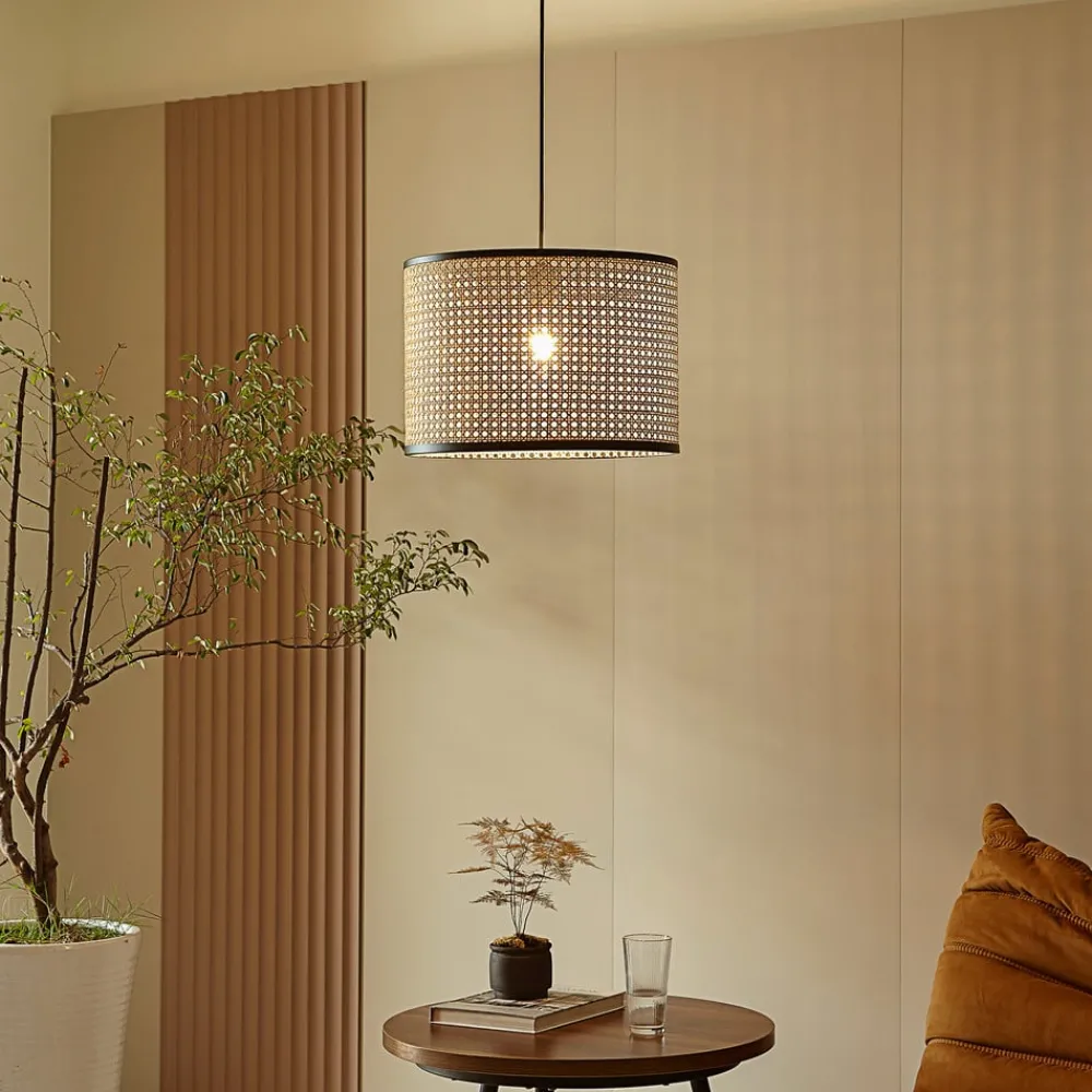 Lindby Pendellamper > -pendel Yaelle, Ø 40 cm, rattan, sort, E27