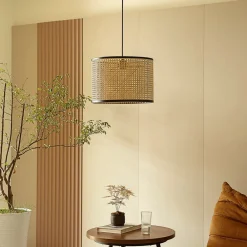 Lindby Pendellamper > -pendel Yaelle, Ø 40 cm, rattan, sort, E27