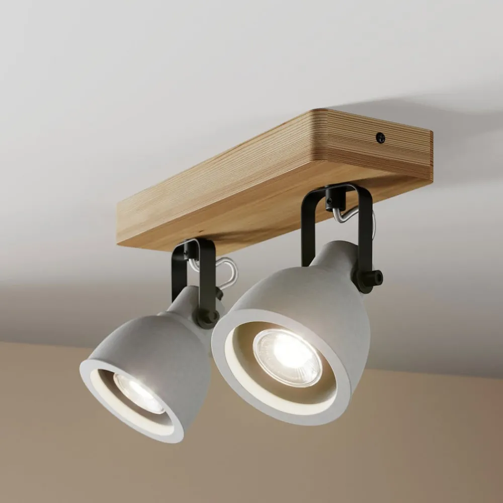 Loftlamper|Loftlamper ^ Lindby Spot Mitis, 30 cm, 2 lyskilder, grå, træ, beton, GU10