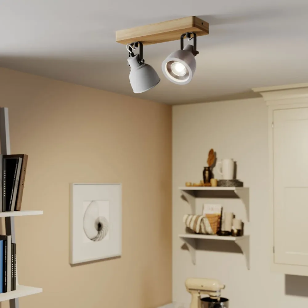 Loftlamper|Loftlamper ^ Lindby Spot Mitis, 30 cm, 2 lyskilder, grå, træ, beton, GU10