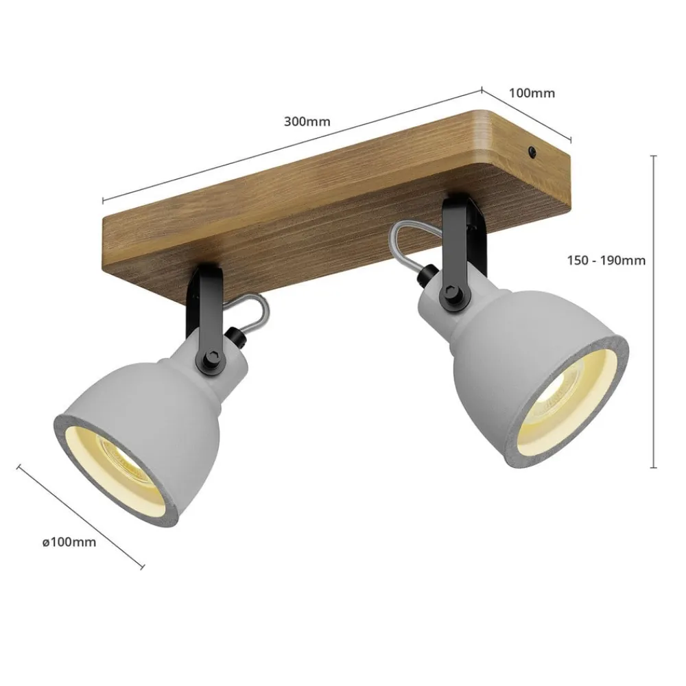 Loftlamper|Loftlamper ^ Lindby Spot Mitis, 30 cm, 2 lyskilder, grå, træ, beton, GU10