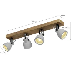 Gang|Loftlamper ^ Lindby Spot Mitis, 70 cm, 4 lyskilder, grå, træ, beton, GU10