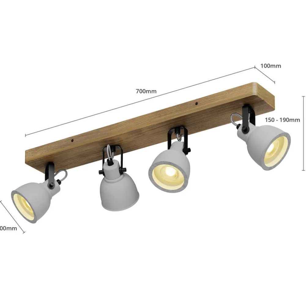 Gang|Loftlamper ^ Lindby Spot Mitis, 70 cm, 4 lyskilder, grå, træ, beton, GU10